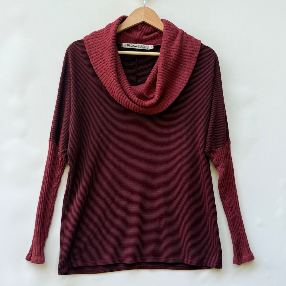 Michael Stars Top One Size Cowl Neck Burgundy Stripe Layer Sleeve Oversized